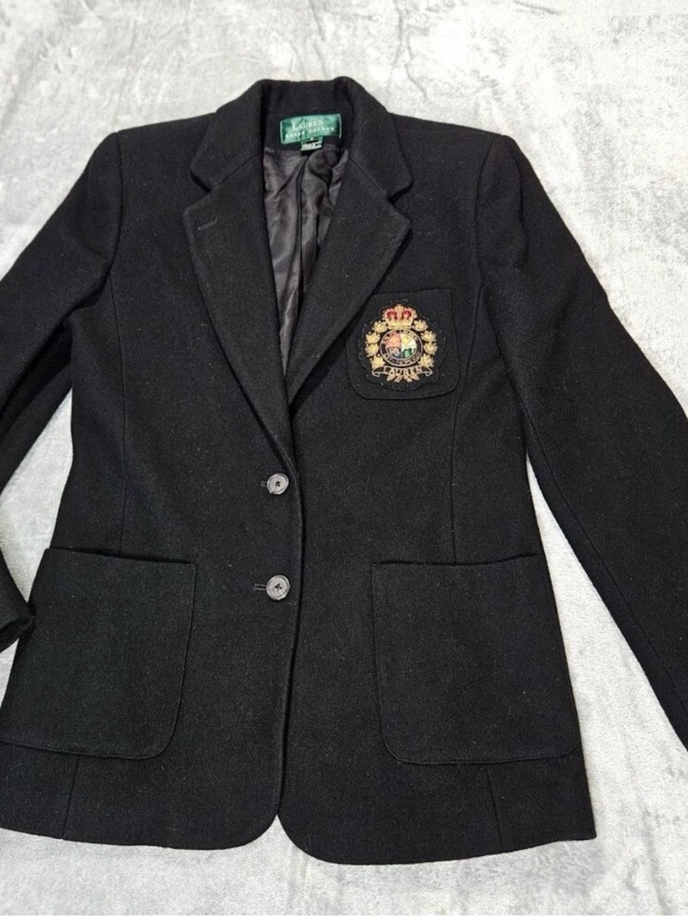 Vtg Lauren Ralph Lauren Blazer Womens 8 Black Wool Cashmere Blend Beaded Crest - Picture 2 of 15